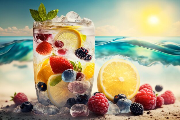 Cócteles de verano afrutados en la playa con hielo en la arena contra el telón de fondo del mar azul y la ilustración del cielo soleado AI generativa