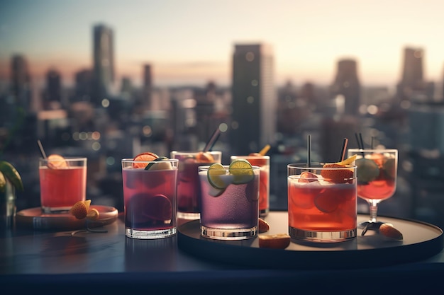 Foto cócteles de verano en el bar de la azotea con vistas al horizonte de la ciudad ia generativa