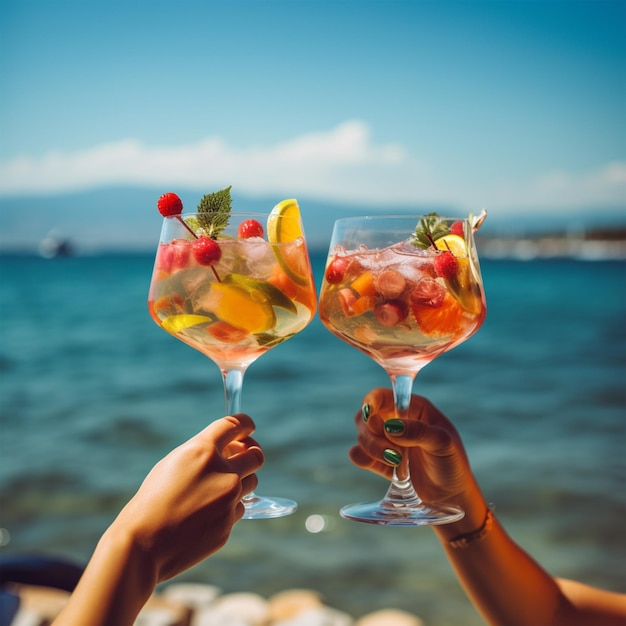 Cócteles de verano, bebidas de verano, fiesta de cócteles en la playa.