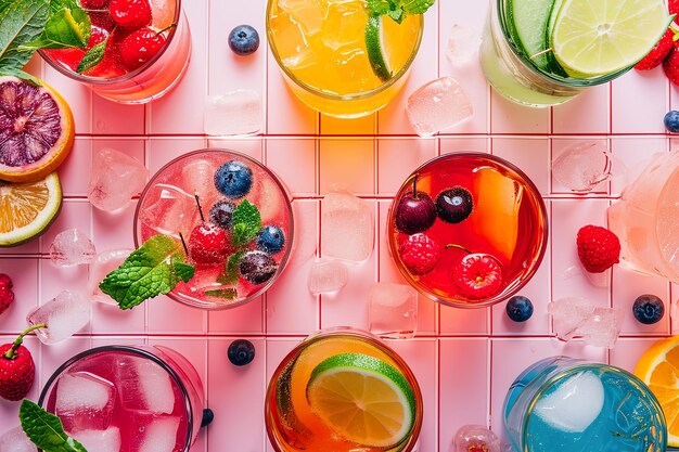 Cócteles de verano en el vibrante bar de azulejos rosados con vista a la piscina