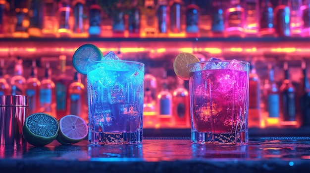 Cócteles en vibrantes colores neón en una mesa de bar cyberpunk con espacio vacío IA generativa