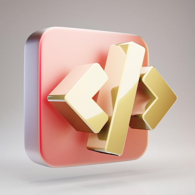 Code-Symbol. Goldenes Codesymbol auf roter Mattgoldplatte. 3D-gerendertes Social Media-Symbol.
