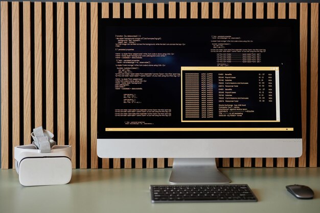 Codierung auf Desktop-Computer mit Holz-Partition-Hintergrund