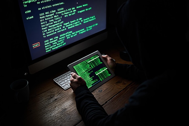 Codierung durch die Nacht Hochwinkelaufnahme eines nicht identifizierbaren Hackers, der spät in der Nacht einen Computer benutzt