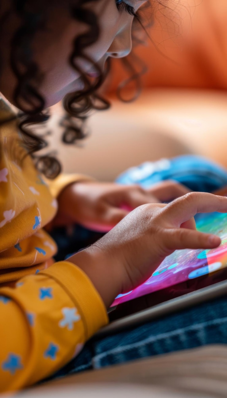 Foto codificação infantil em tablet com gráficos coloridos conceito de educação de tecnologia para crianças