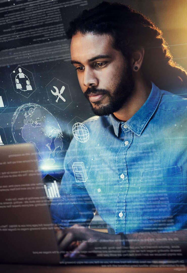 Foto codificación de hombre negro y red global con iconos portátiles y aplicaciones con transformación digital y superposición de ti cibernética con programación y actualización de software con holograma de la tierra 3d y computación en la nube