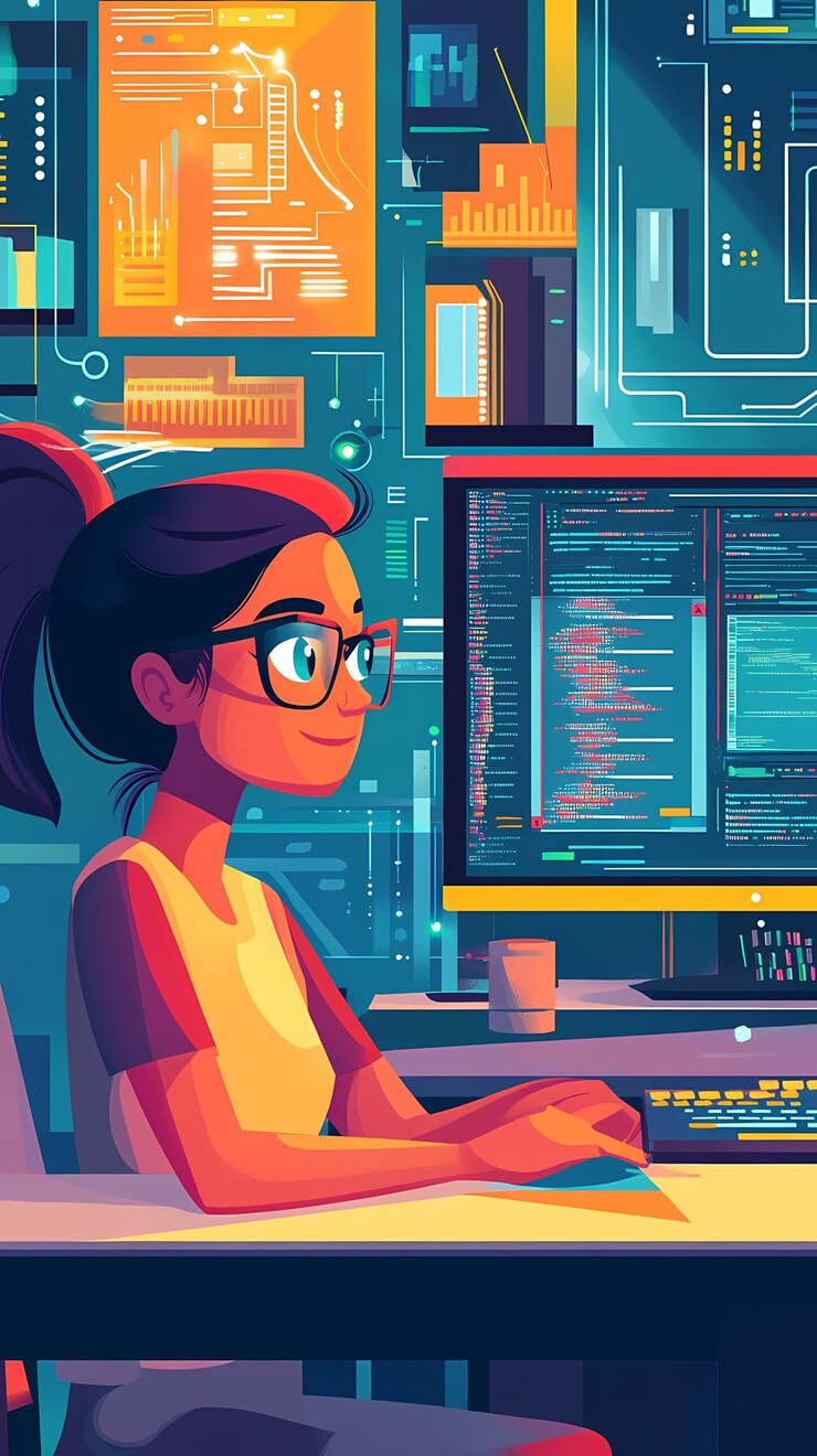 Foto una codificación individual enfocada en un entorno rico en tecnología con pantallas y datos coloridos