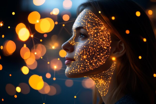 Codificación neuronal espacio latente e interfaces cognitivas perfil de una mujer con luces neuronales y bokeh