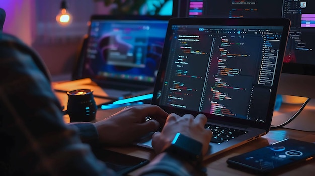 Codificación nocturna Un desarrollador de software trabaja en un proyecto en las primeras horas de la mañana