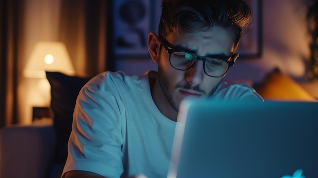 Codificación nocturna Un joven programador trabaja en su portátil hasta tarde en la noche tratando de terminar un proyecto