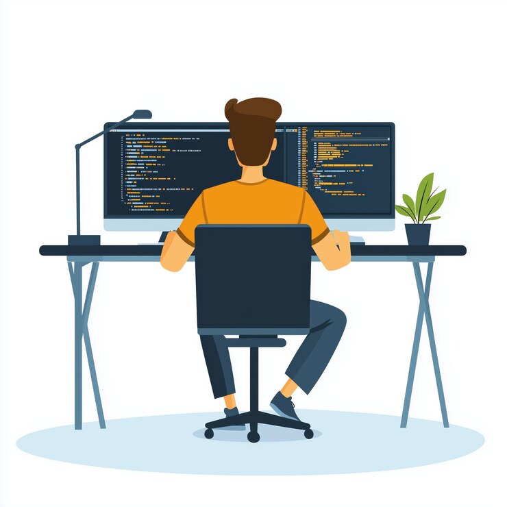 Foto codificación de personas en un escritorio con monitores duales y una planta en maceta en un espacio de trabajo moderno