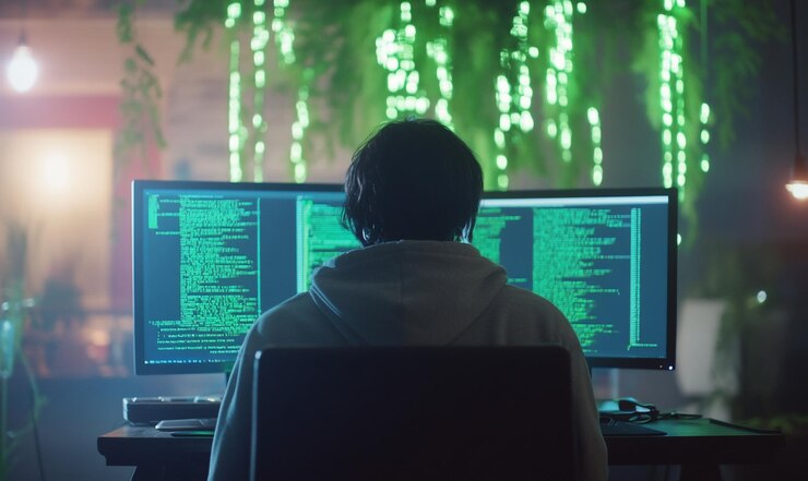Foto codificación de personas en monitores duales con texto verde en una habitación débilmente iluminada