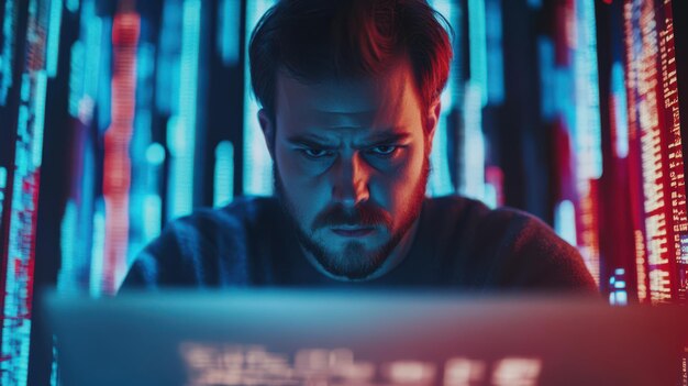 Un codificador se centra en una computadora portátil inmersa en flujos de datos brillantes en una habitación oscura