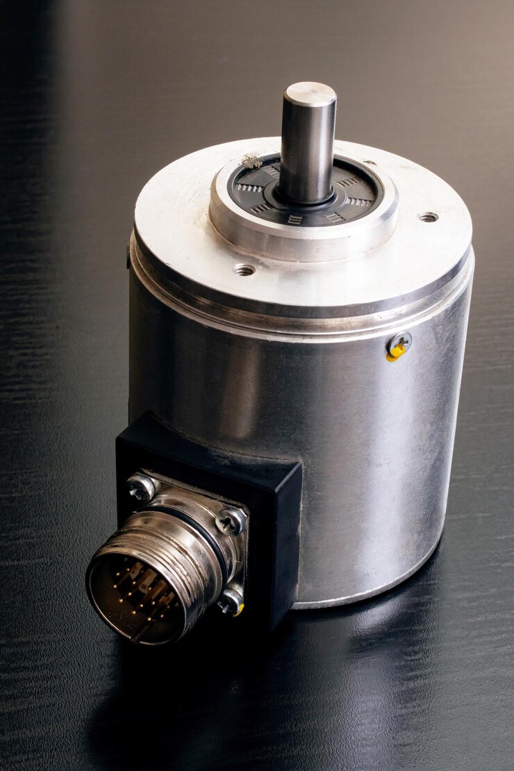 Codificador de metal em uma mesa de madeira preta