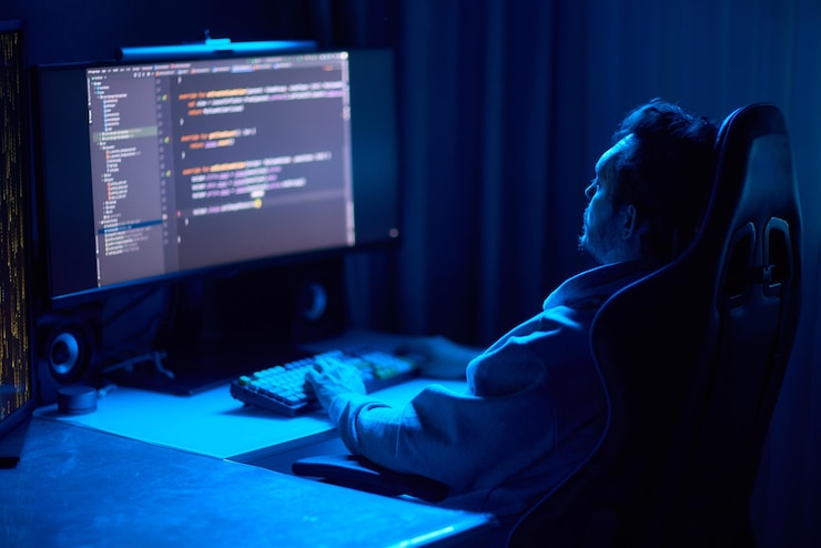 Foto un codificador está trabajando tarde en la noche en una pantalla de computadora codificando y usando una aplicación de teléfono inteligente