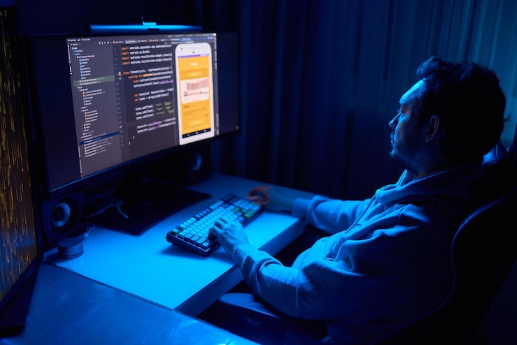 Foto un codificador está trabajando tarde en la noche en una pantalla de computadora codificando y usando una aplicación de teléfono inteligente