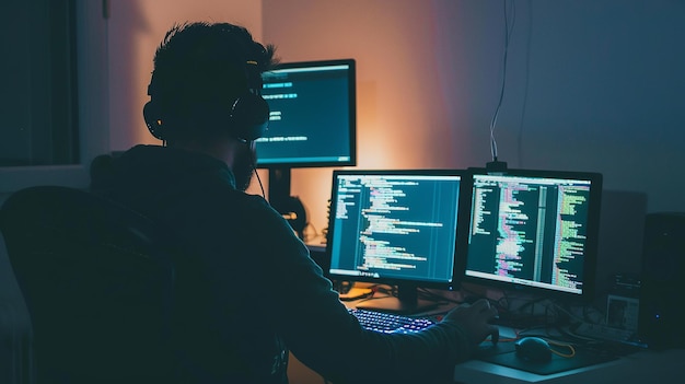 Un codificador nocturno con auriculares trabaja en la codificación con múltiples pantallas en una habitación débilmente iluminada creando