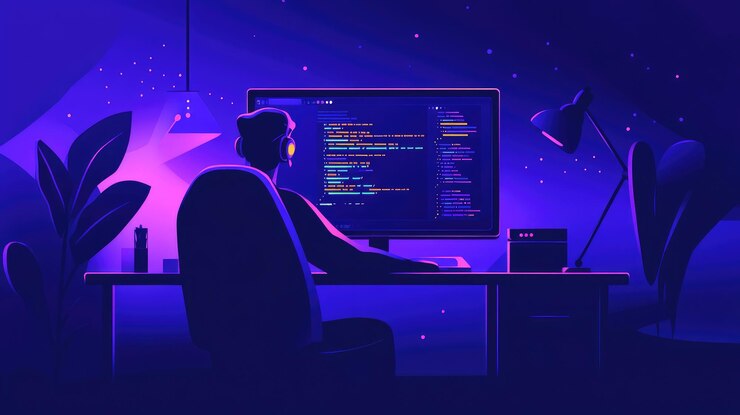 Foto codificador nocturno en espacio de trabajo de neón vibraciones de oficina en el hogar futuristas para entusiastas de la programación