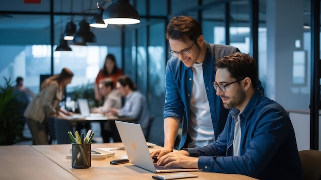 Los codificadores trabajan en la computadora portátil en la oficina de pie en la mesa