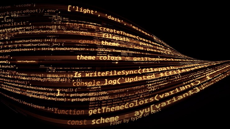 Foto código abstracto de renderizado 3d en el espacio virtual. el código de computadora está doblado en forma de cinta.