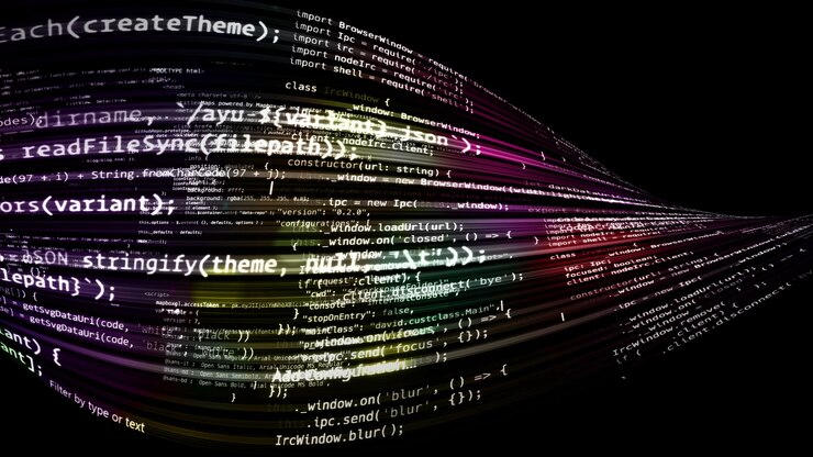 Foto código abstracto de renderizado 3d en el espacio virtual. el código de computadora está doblado en forma de cinta.