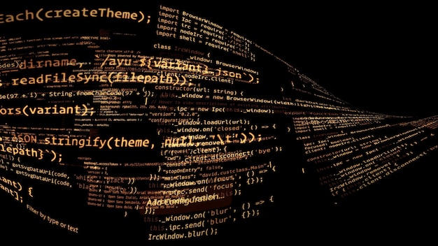 Código abstracto de renderizado 3D en el espacio virtual. El código de computadora está doblado en forma de cinta.
