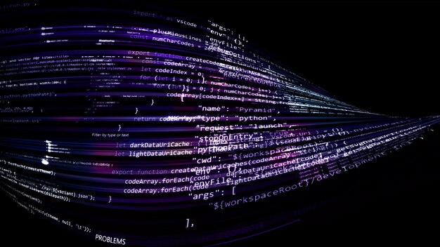 Código abstracto de renderizado 3D en el espacio virtual. El código de computadora está doblado en forma de cinta.