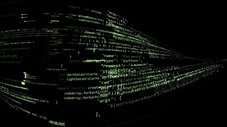 Foto código abstracto de renderizado 3d en el espacio virtual. el código de computadora está doblado en forma de cinta.