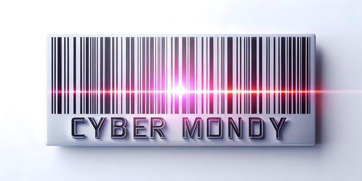 Foto el código de barras aislado en 3d con un precio de venta brillante para el cyber monday ofrece un diseño minimalista en ba blanca