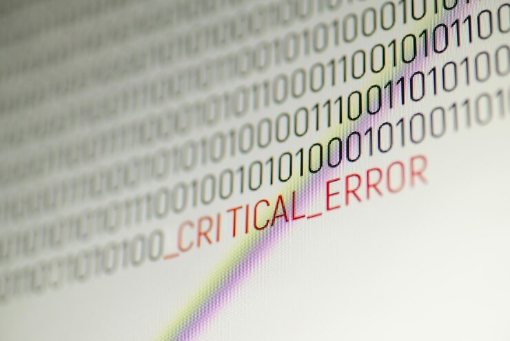 Foto código binario de computadora con inscripción error crítico en la pantalla de la computadora