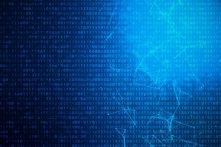 Foto código binario de la ilustración 3d en fondo azul. bytes de código binario. concepto de tecnología. fondo binario digital. conexión alineada y puntos, red global.
