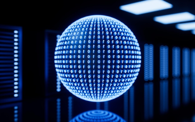 Código binario en una superficie de un planeta en la sala de máquinas Comunicación digital global Representación 3d
