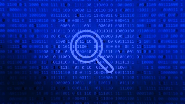 Código de búsqueda de lupa. Big data: búsqueda de datos binarios. Fondo abstracto azul brillante.
