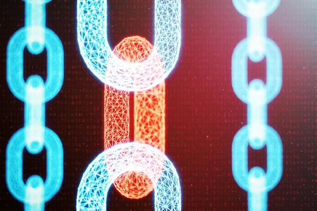Código de cadena de bloque digital de ilustración 3D. Red de eslabones de cadena. Cuadrícula poligonal baja de triángulos que brillan intensamente en la red de puntos azules, fondo abstracto. Concepto de red, comunicación por Internet.