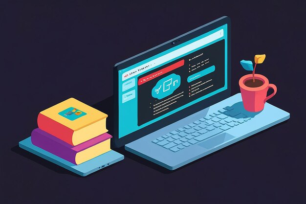 Código de computadora isométrica 3D plana en el monitor de teléfono inteligente y tableta
