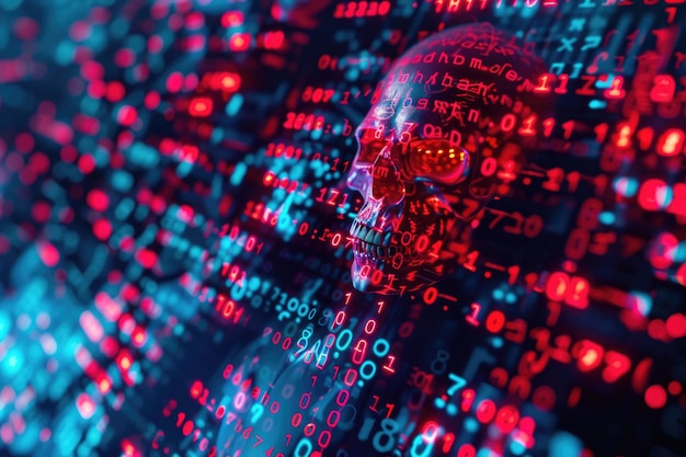 Código de computador em uma tela com um crânio representando um ataque de malware de vírus de computador