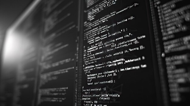 Código de fondo en blanco y negro código javascript en la pantalla de la computadora
