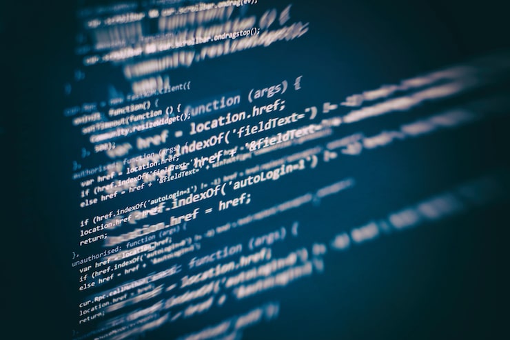 Foto código de programación del desarrollador. código de secuencia de comandos de computadora abstracta. pantalla de código de programación del desarrollador de software. tiempo de trabajo de programación de software.