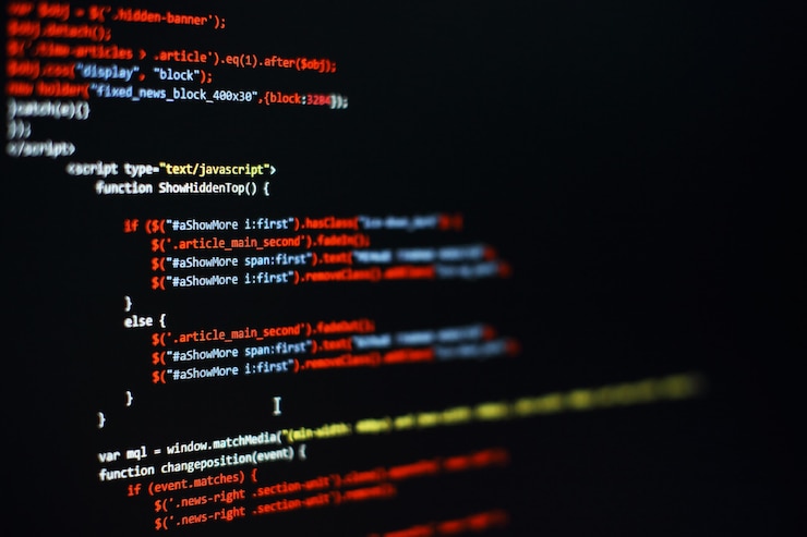 Foto código de programación del desarrollador de software. código de script de computadora abstracto. enfoque selectivo