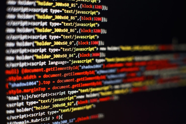 Foto código de programación del desarrollador de software. código de script de computadora abstracto. enfoque selectivo