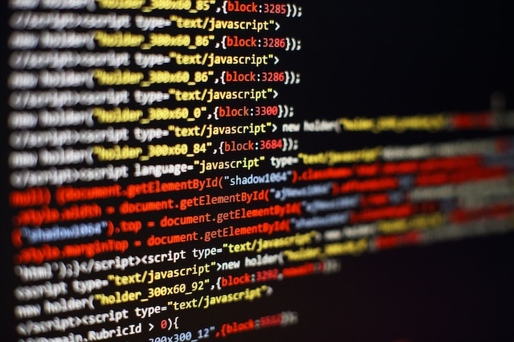 Foto código de programación del desarrollador de software. código de script de computadora abstracto. enfoque selectivo