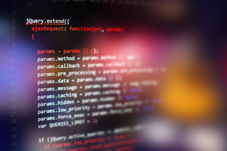 Foto código de programación del desarrollador de software. código de script de computadora abstracto. enfoque selectivo