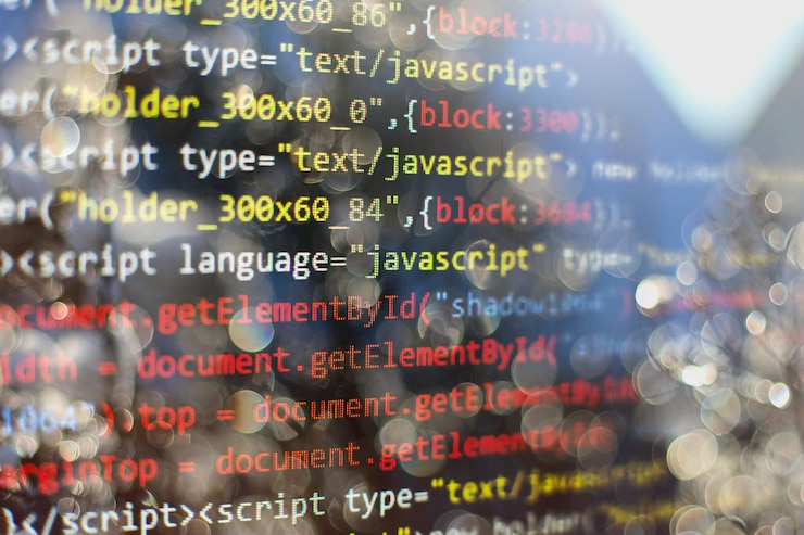 Foto código de programación del desarrollador de software. código de script de computadora abstracto. enfoque selectivo