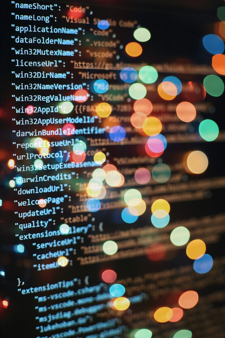 Foto código de programación del desarrollador de software. código de secuencia de comandos de computadora abstracta. enfoque selectivo