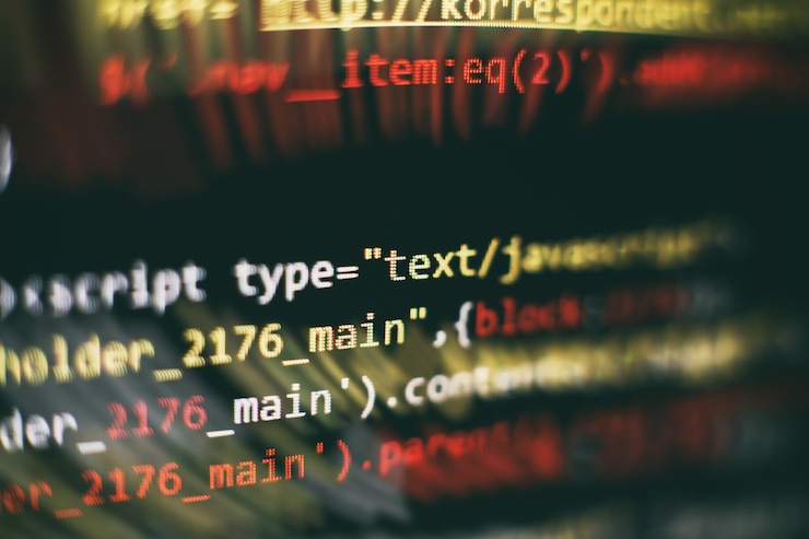 Foto código de programación del desarrollador de software. código de secuencia de comandos de computadora abstracta. enfoque selectivo