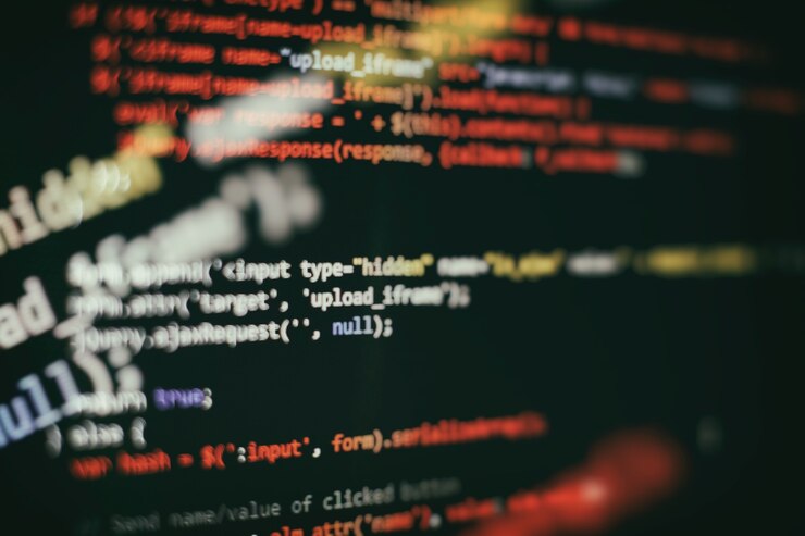 Foto código de programación del desarrollador de software. código de secuencia de comandos de computadora abstracta. enfoque selectivo