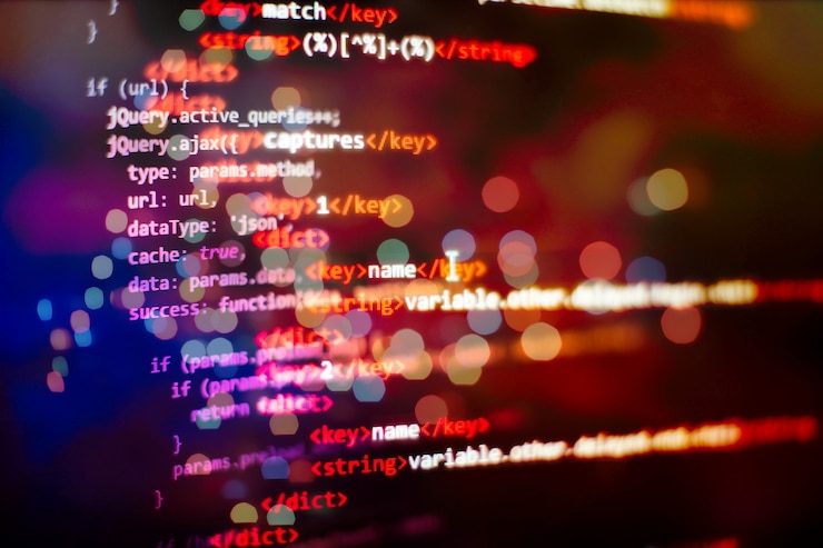 Foto código de programación del desarrollador de software. código de secuencia de comandos de computadora abstracta.