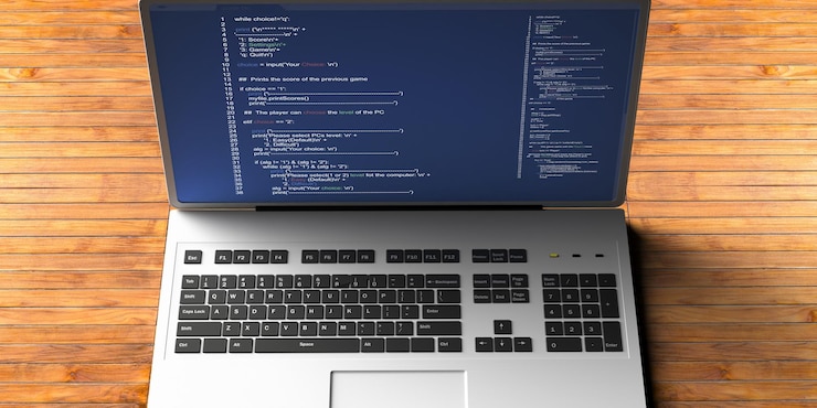 Foto código de programación en una ilustración 3d de fondo de escritorio de oficina de pantalla de computadora portátil
