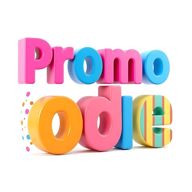 Foto el código promocional de texto en negrita 3d está rodeado de letras de colores brillantes y altas.