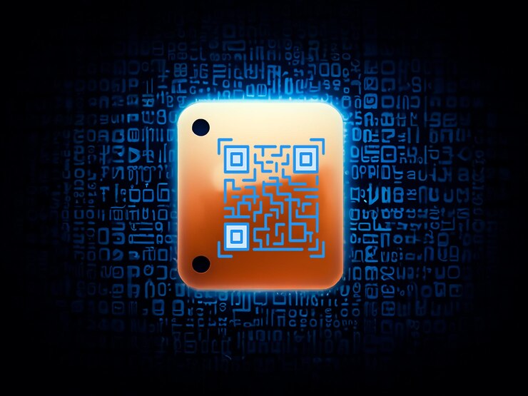 Foto código qr azul icono de escaneo de teléfono móvil de la burbuja de mensaje elemento 3d o identificación de identificación de tecnología